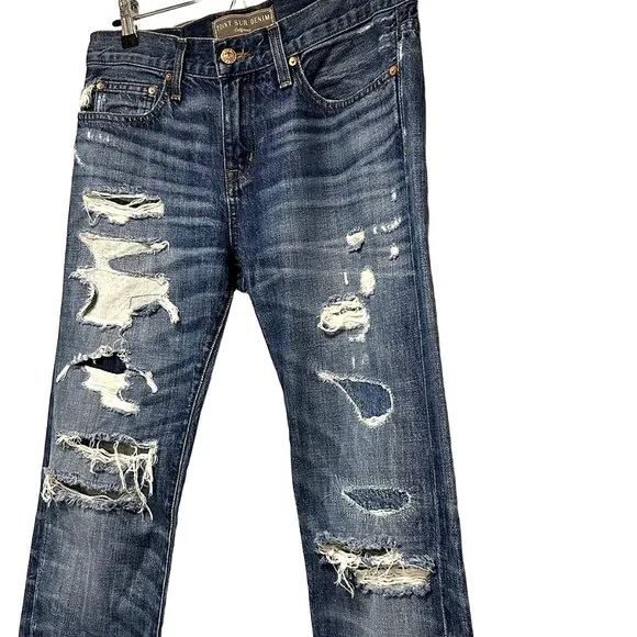 POINT SUR Mid Rise Distressed Bootcut Jeans - EUC - size 26 - blue‎ - ripped