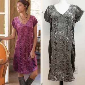 Soft Surroundings Women's Shift Dress Velvet Floral Embroidered Boho Dress