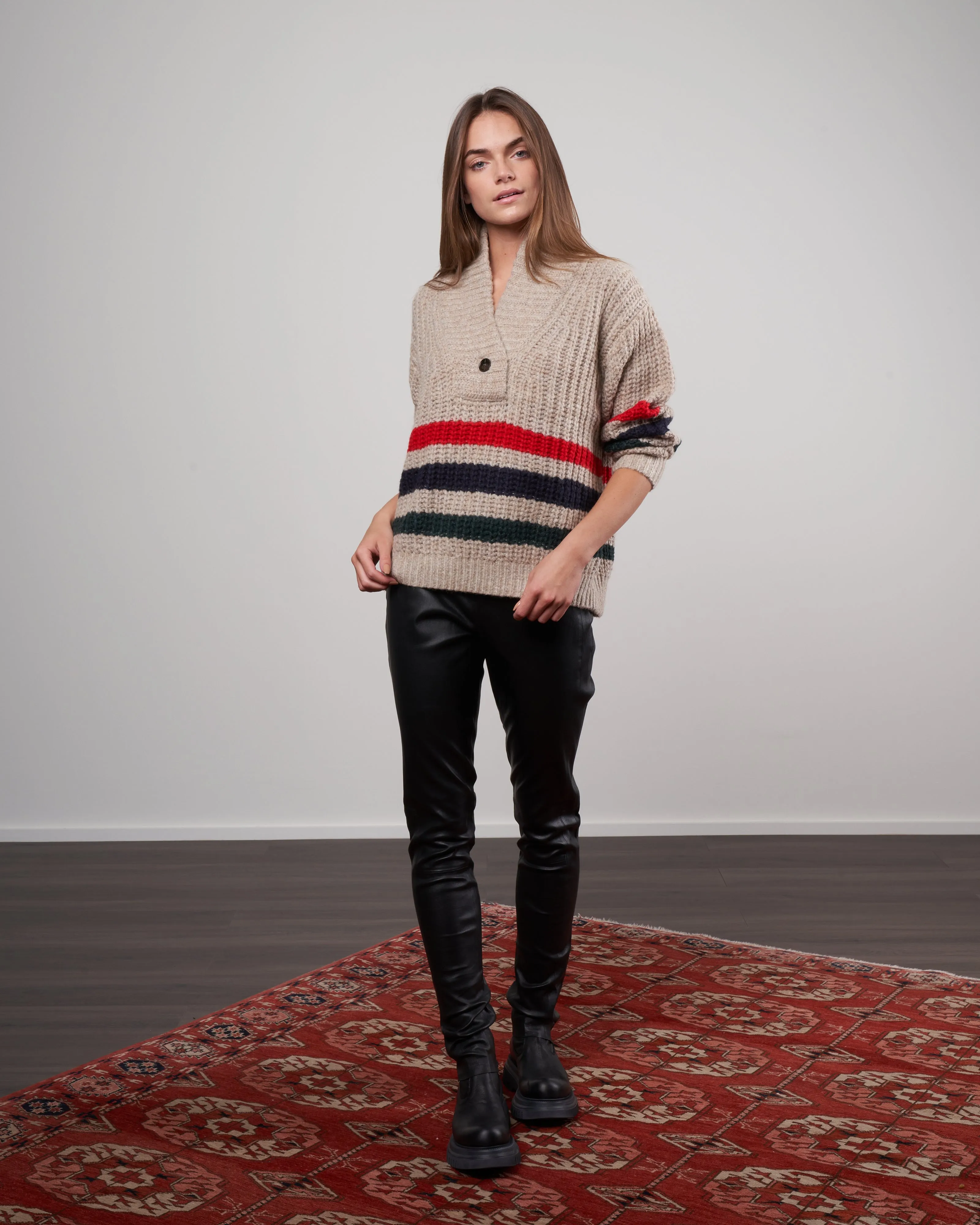the striped henley pullover - oatmeal