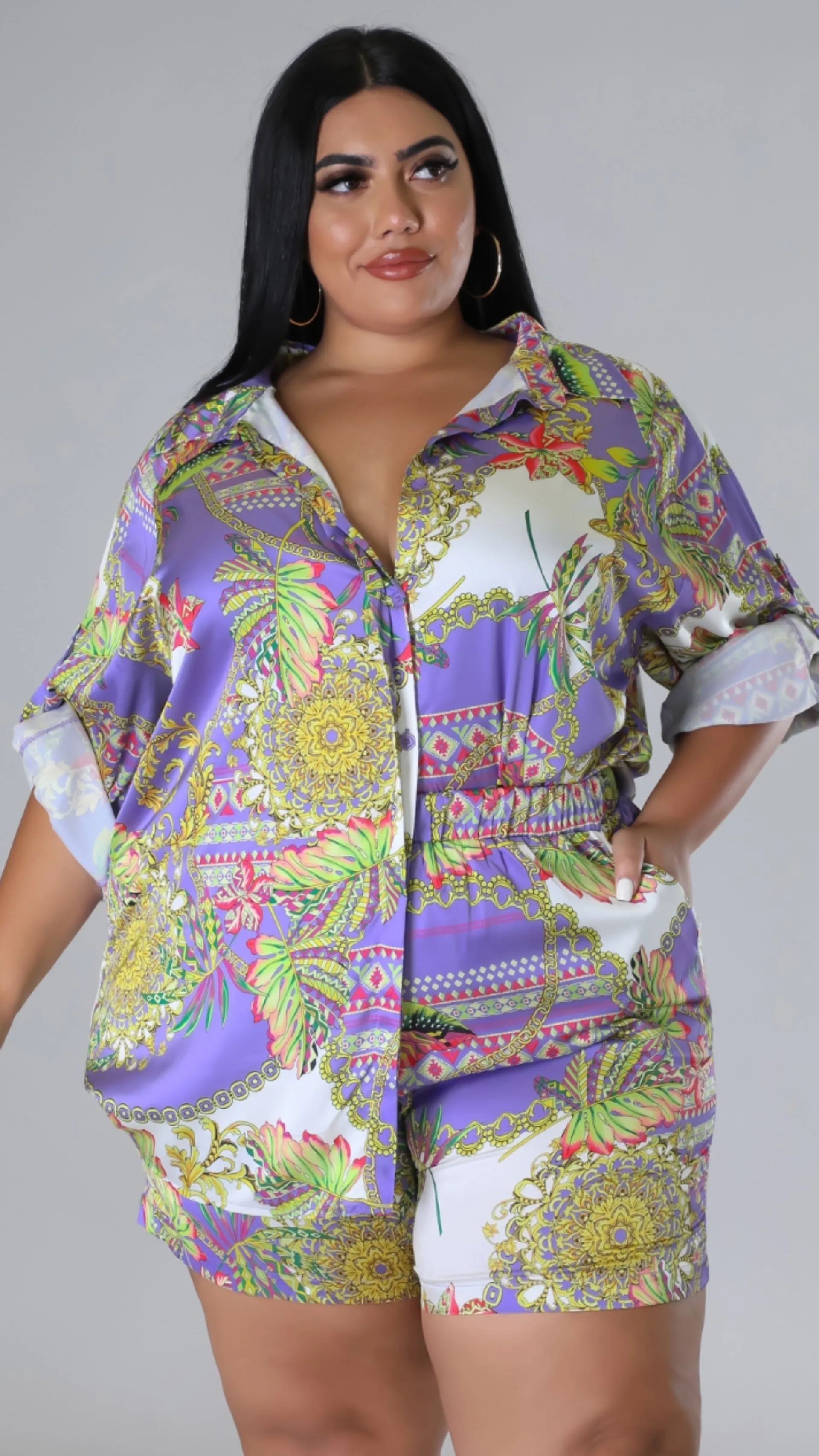 Tropical Oasis Plus Size Short Set | Lavender