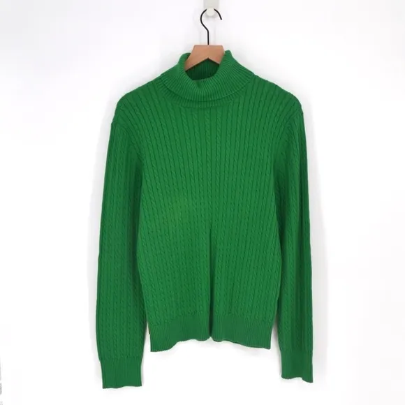 Vintage Cable Knit Turtleneck Sweater Cotton Pullover in Kelly Green XL NEW