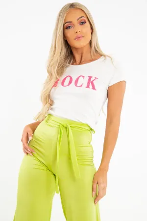 White Pink Rock Slogan Textured T-Shirt - Effie