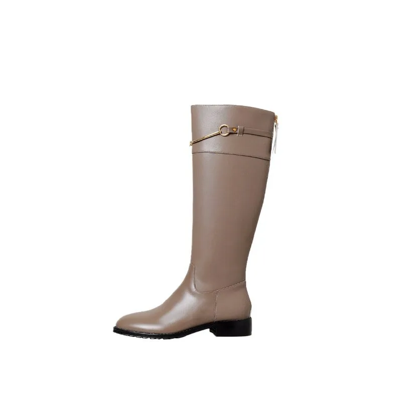 Women cow leather long boots metal chain back Zip Rider Boots