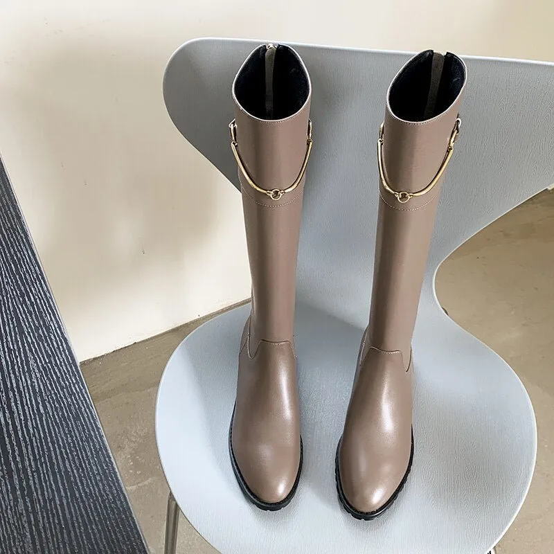 Women cow leather long boots metal chain back Zip Rider Boots
