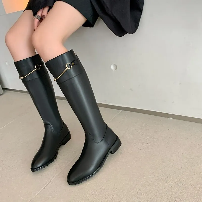 Women cow leather long boots metal chain back Zip Rider Boots