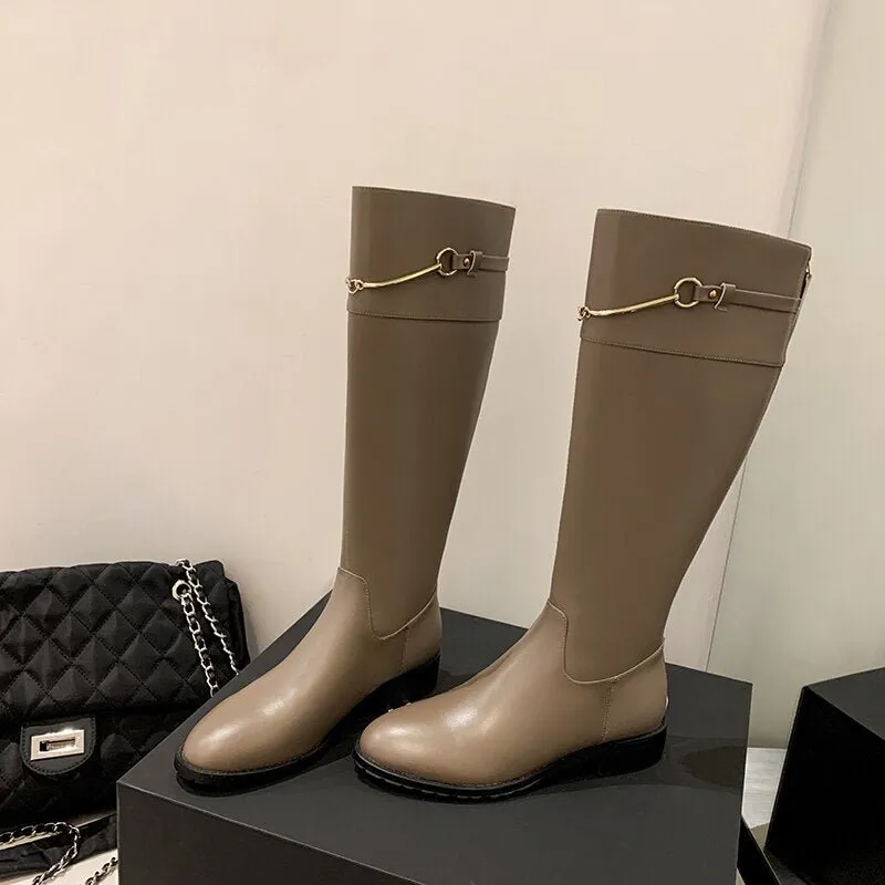 Women cow leather long boots metal chain back Zip Rider Boots