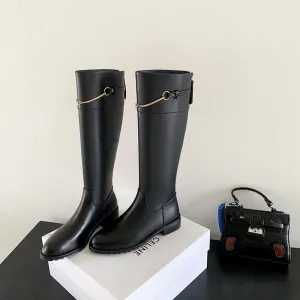 Women cow leather long boots metal chain back Zip Rider Boots