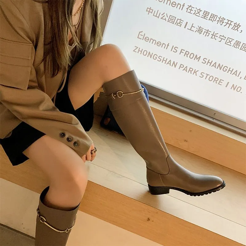 Women cow leather long boots metal chain back Zip Rider Boots