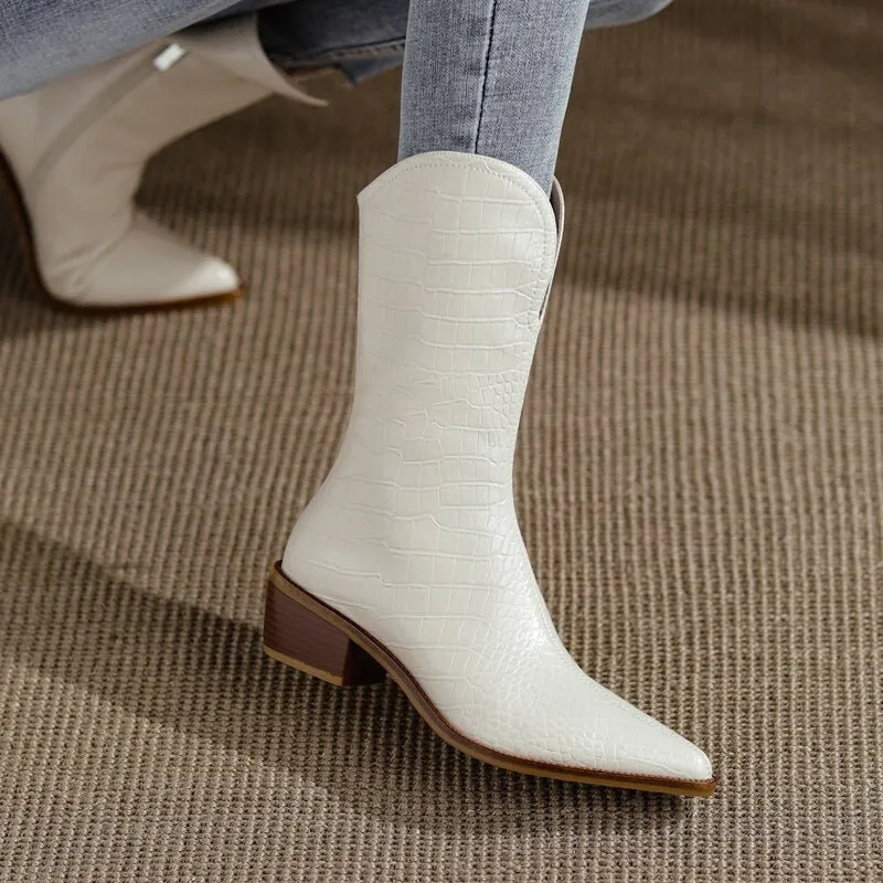 Women cowhide upper Embossed snake pattern western boots
