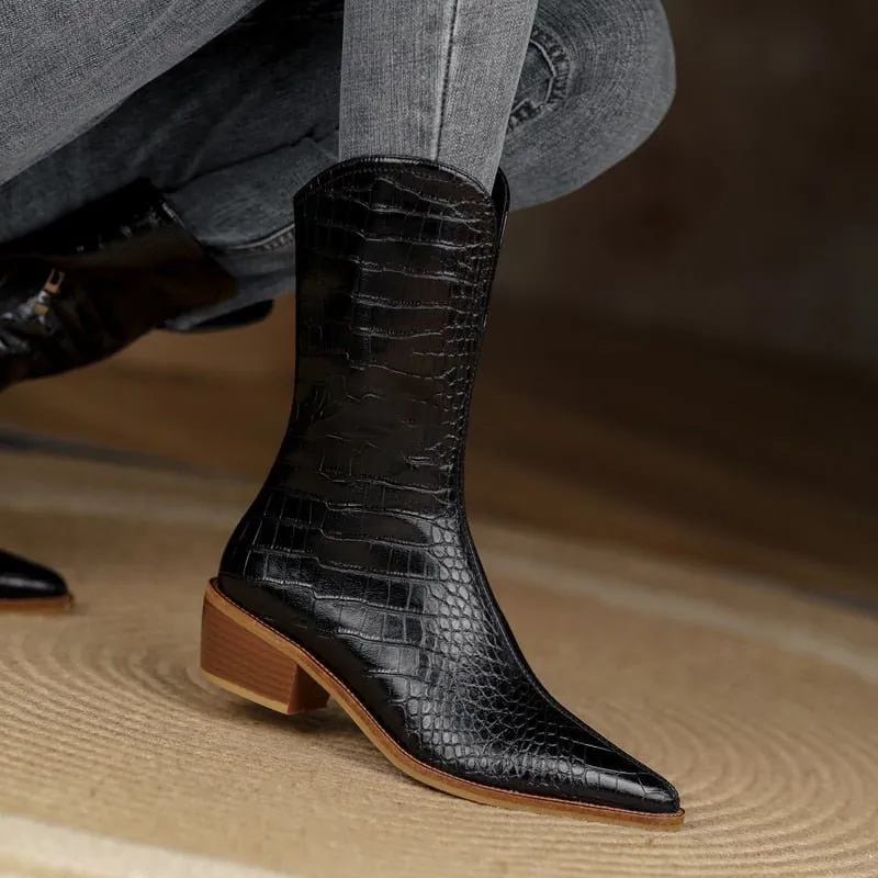 Women cowhide upper Embossed snake pattern western boots