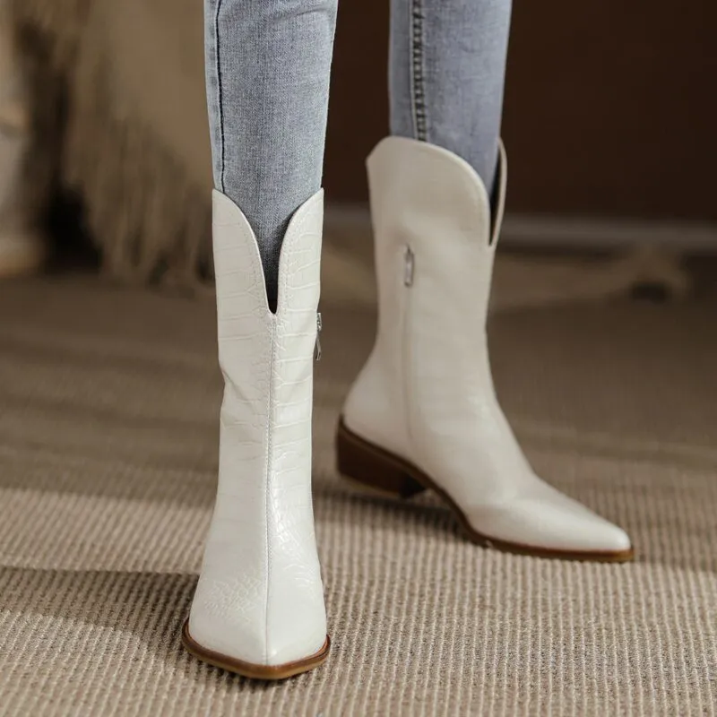 Women cowhide upper Embossed snake pattern western boots