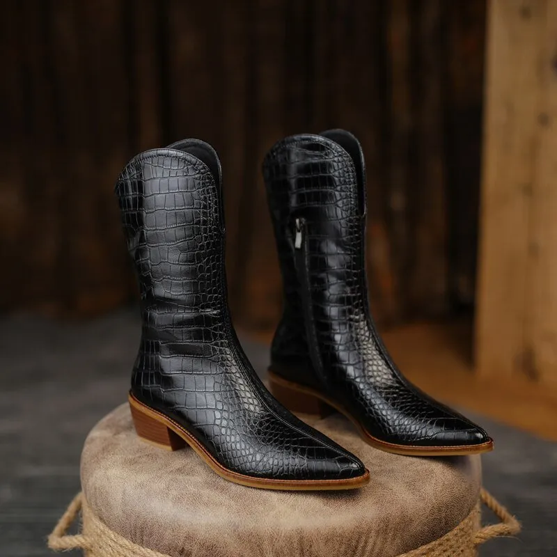 Women cowhide upper Embossed snake pattern western boots