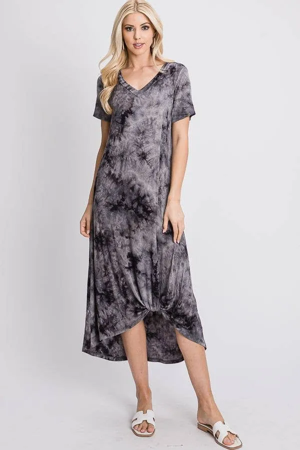 Women's Maternity & Post natal Front twist short sleeve grey/black tie dye maxi dress