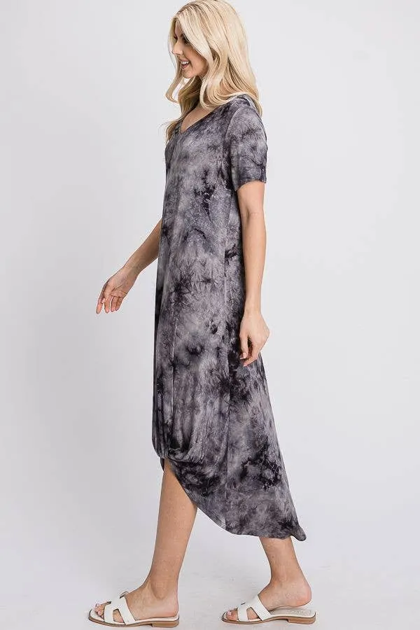 Women's Maternity & Post natal Front twist short sleeve grey/black tie dye maxi dress