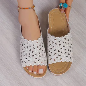 Women's PU Leather Slide Sandals with Floral Cut-Outs