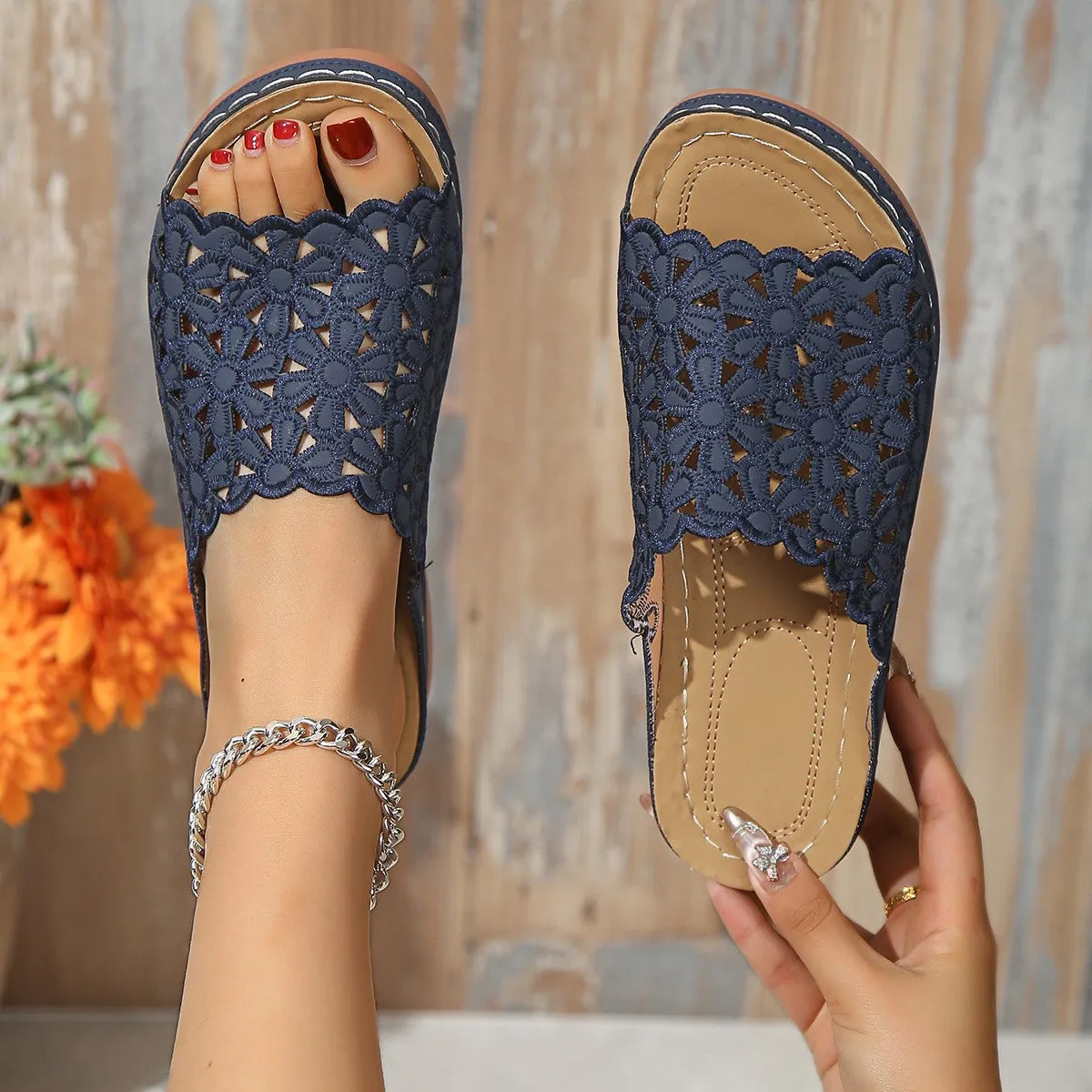 Women's PU Leather Slide Sandals with Floral Cut-Outs